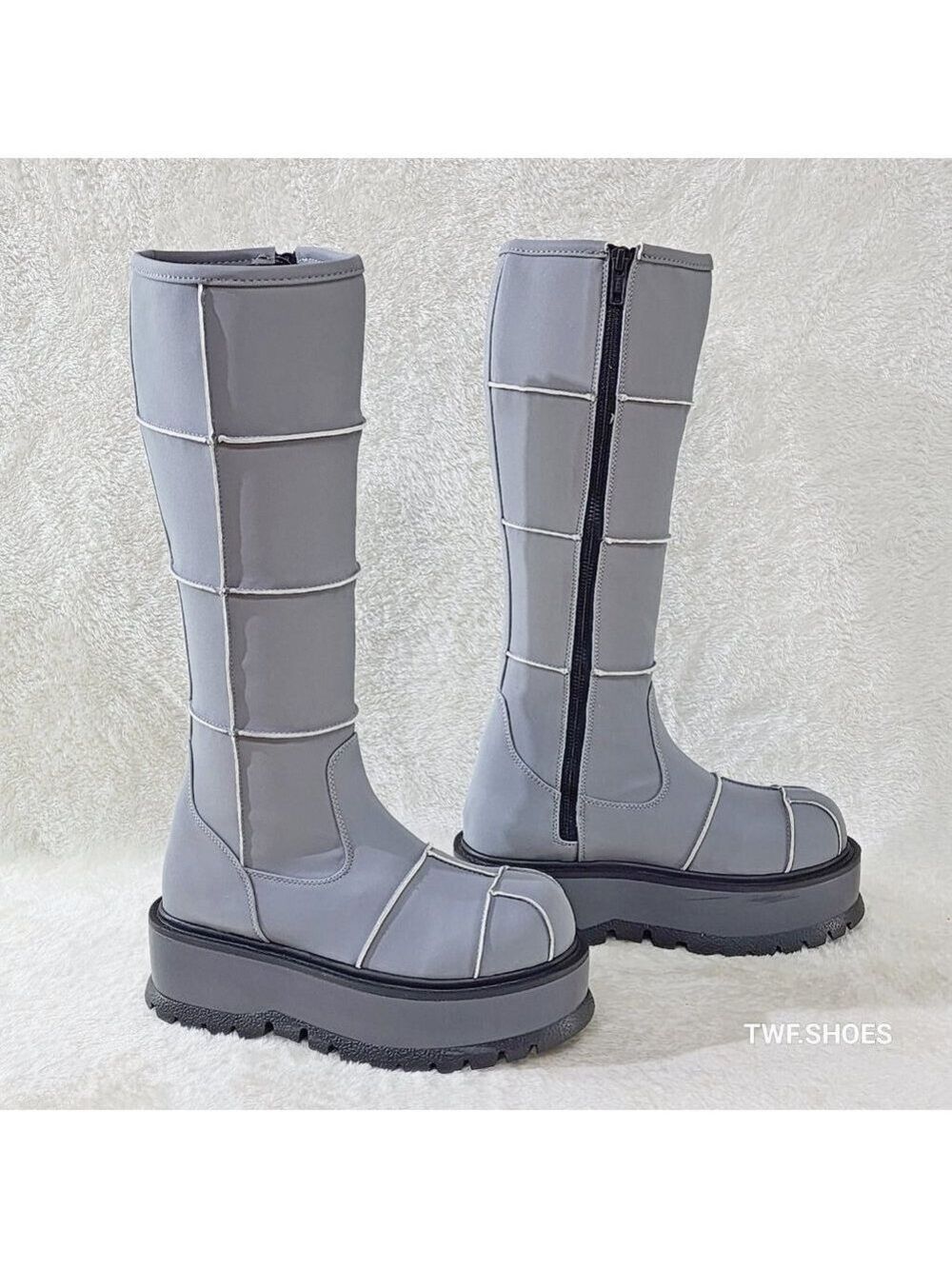 Demonia Gray Reflective Patchwork Platform Goth Punk Knee Boots